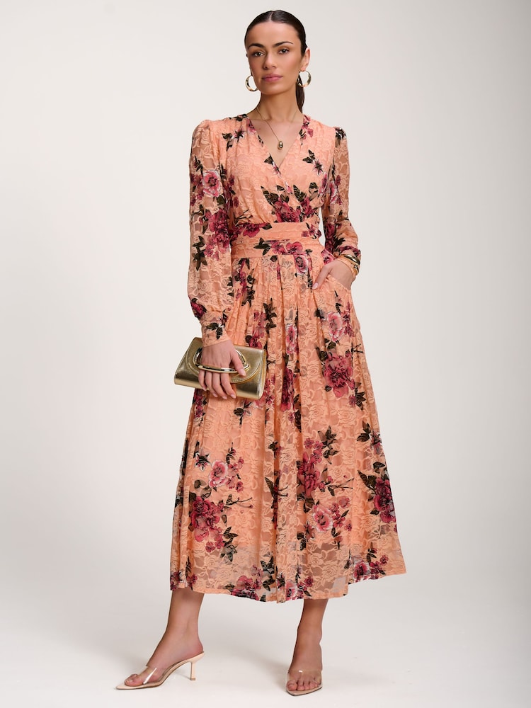 Jolie Moi Orange Long Sleeve Printed Lace Midaxi Dress - Image 6 of 6