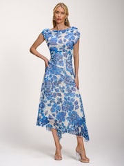 Jolie Moi Blue Asymmetric Draped Print Lace Maxi Dress - Image 1 of 6