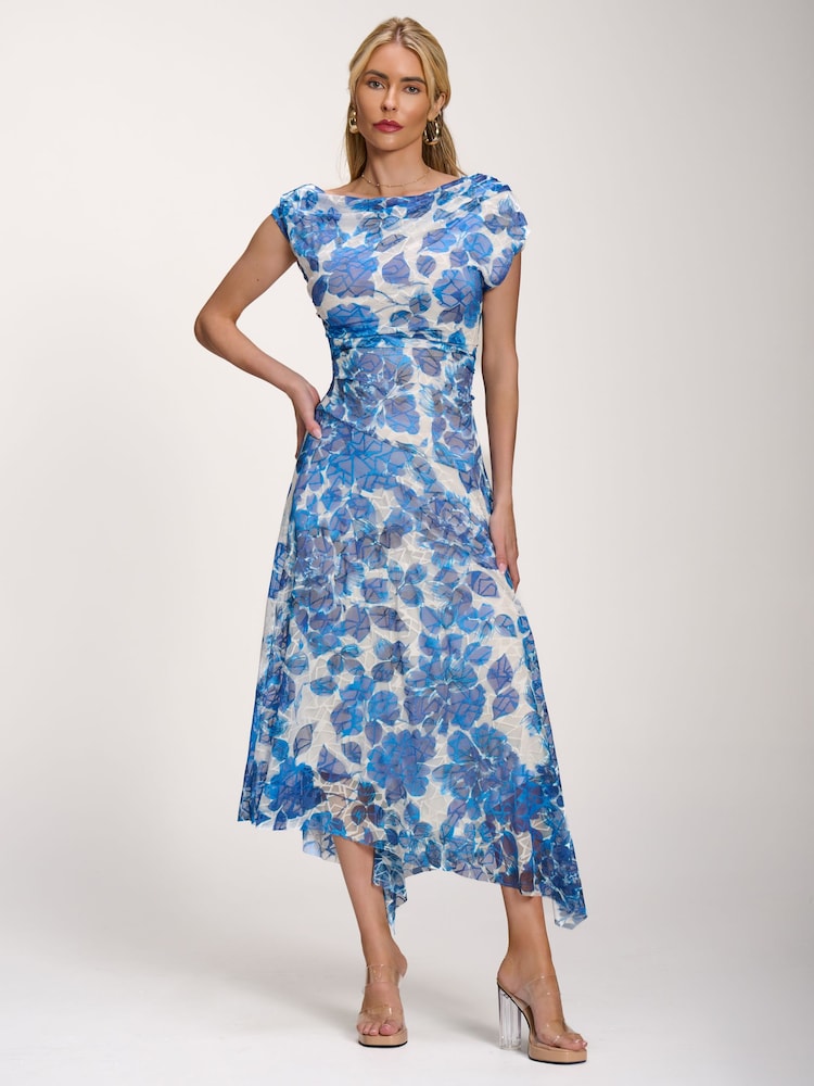 Jolie Moi Blue Asymmetric Draped Print Lace Maxi Dress - Image 1 of 6