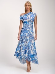 Jolie Moi Blue Asymmetric Draped Print Lace Maxi Dress - Image 3 of 6