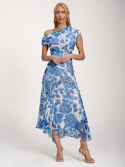 Jolie Moi Blue Asymmetric Draped Print Lace Maxi Dress - Image 6 of 6