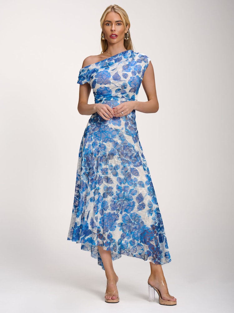 Jolie Moi Blue Asymmetric Draped Print Lace Maxi Dress - Image 6 of 6