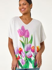 Roman White Tulip Motif V-Neck Stretch Top - Image 1 of 5