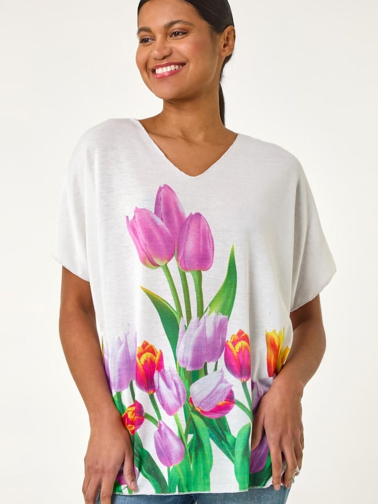 Roman White Tulip Motif V-Neck Stretch Top - Image 1 of 5 Roman White Tulip Motif V-Neck Stretch Top - Image 1 of 5