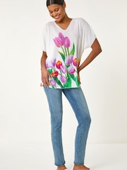 Roman White Tulip Motif V-Neck Stretch Top - Image 2 of 5