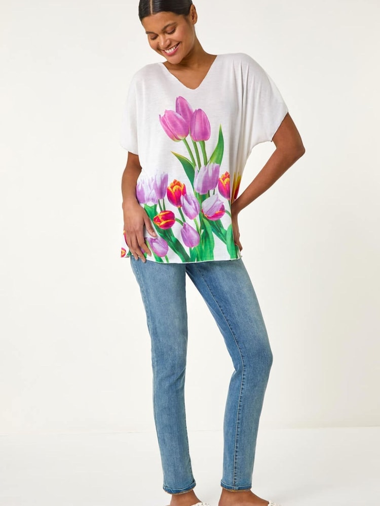 Roman White Tulip Motif V-Neck Stretch Top - Image 2 of 5 Roman White Tulip Motif V-Neck Stretch Top - Image 2 of 5