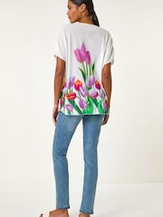 Roman White Tulip Motif V-Neck Stretch Top - Image 3 of 5