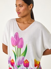 Roman White Tulip Motif V-Neck Stretch Top - Image 4 of 5