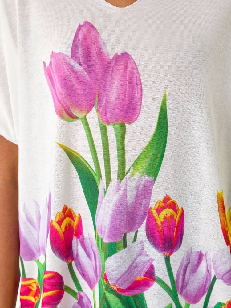 Roman White Tulip Motif V-Neck Stretch Top - Image 5 of 5 Roman White Tulip Motif V-Neck Stretch Top - Image 5 of 5