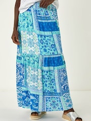 Roman Blue Patchwork Shimmer Tiered Maxi Skirt - Image 1 of 5