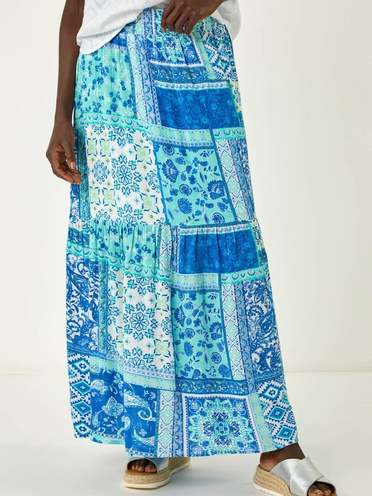 Roman Blue Patchwork Shimmer Tiered Maxi Skirt - Image 1 of 5