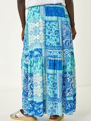 Roman Blue Patchwork Shimmer Tiered Maxi Skirt - Image 2 of 5