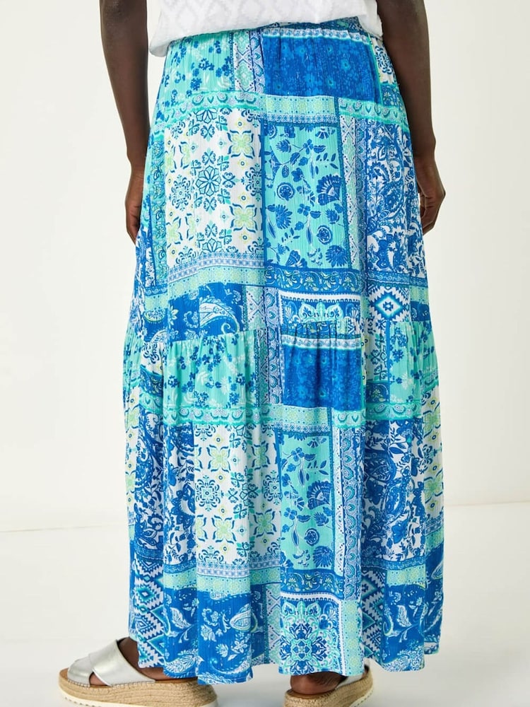 Roman Blue Patchwork Shimmer Tiered Maxi Skirt - Image 2 of 5