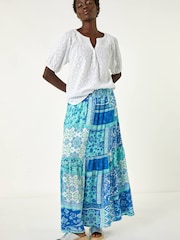 Roman Blue Patchwork Shimmer Tiered Maxi Skirt - Image 3 of 5