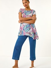 Roman Blue Tropical Leaf Print Burnout Top - Image 1 of 5