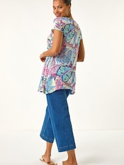 Roman Blue Tropical Leaf Print Burnout Top - Image 3 of 5