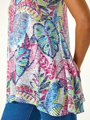 Roman Blue Tropical Leaf Print Burnout Top - Image 5 of 5