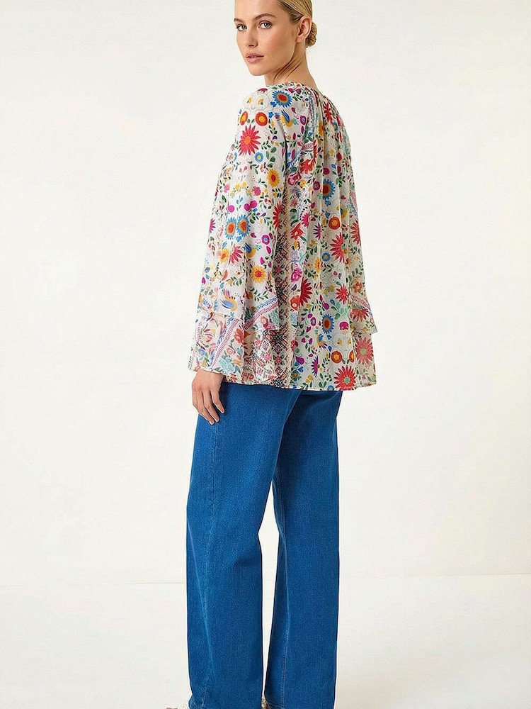 Roman Pink Tie Front Floral Print Top - Image 2 of 5 Roman Pink Tie Front Floral Print Top - Image 2 of 5