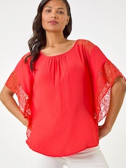 Roman Red Gathered Lace Insert Sleeve Top - Image 4 of 5