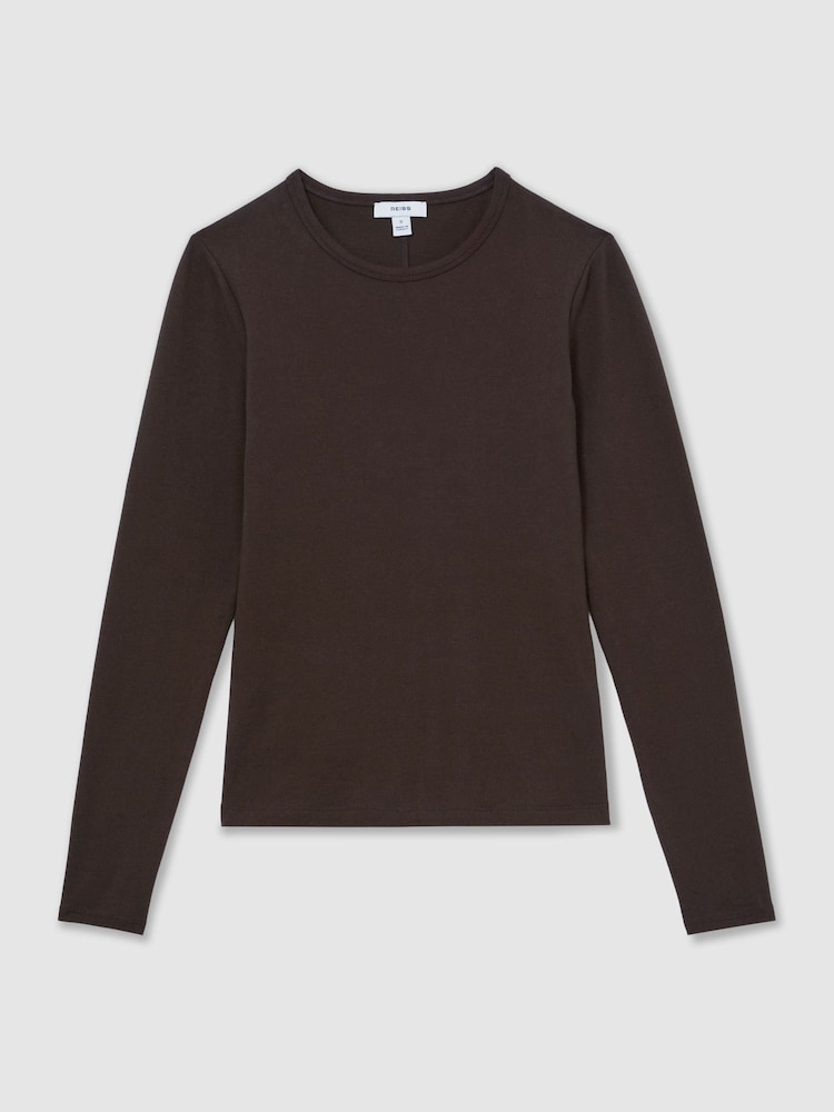 Reiss Chocolate Brown Jada Cotton Crew-Neck Long-Sleeve T-Shirt With Stretch - Image 2 of 6 Reiss Chocolate Brown Jada Cotton Crew-Neck Long-Sleeve T-Shirt With Stretch - Image 2 of 6