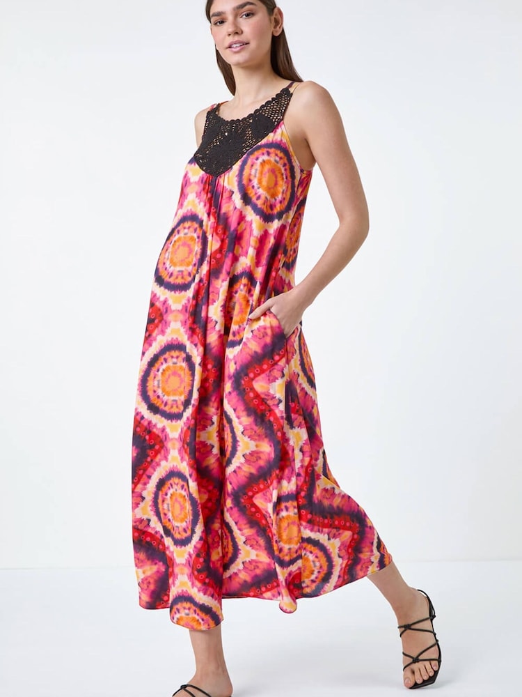 Roman Pink Tie Dye Crochet Detail Pocket Midi Dress - Image 1 of 5 Roman Pink Tie Dye Crochet Detail Pocket Midi Dress - Image 1 of 5