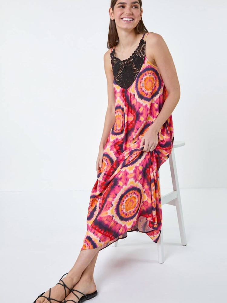 Roman Pink Tie Dye Crochet Detail Pocket Midi Dress - Image 2 of 5 Roman Pink Tie Dye Crochet Detail Pocket Midi Dress - Image 2 of 5