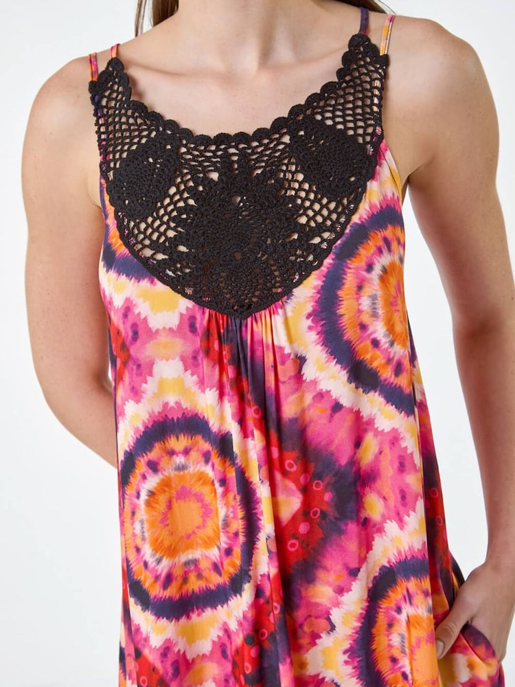 Roman Pink Tie Dye Crochet Detail Pocket Midi Dress - Image 5 of 5 Roman Pink Tie Dye Crochet Detail Pocket Midi Dress - Image 5 of 5