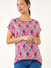 Roman Pink Ikat Print Bobble Trim T-Shirt - Image 1 of 5