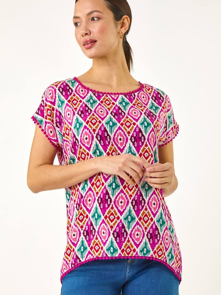 Roman Pink Ikat Print Bobble Trim T-Shirt - Image 1 of 5 Roman Pink Ikat Print Bobble Trim T-Shirt - Image 1 of 5