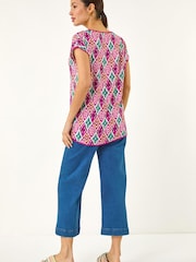 Roman Pink Ikat Print Bobble Trim T-Shirt - Image 2 of 5