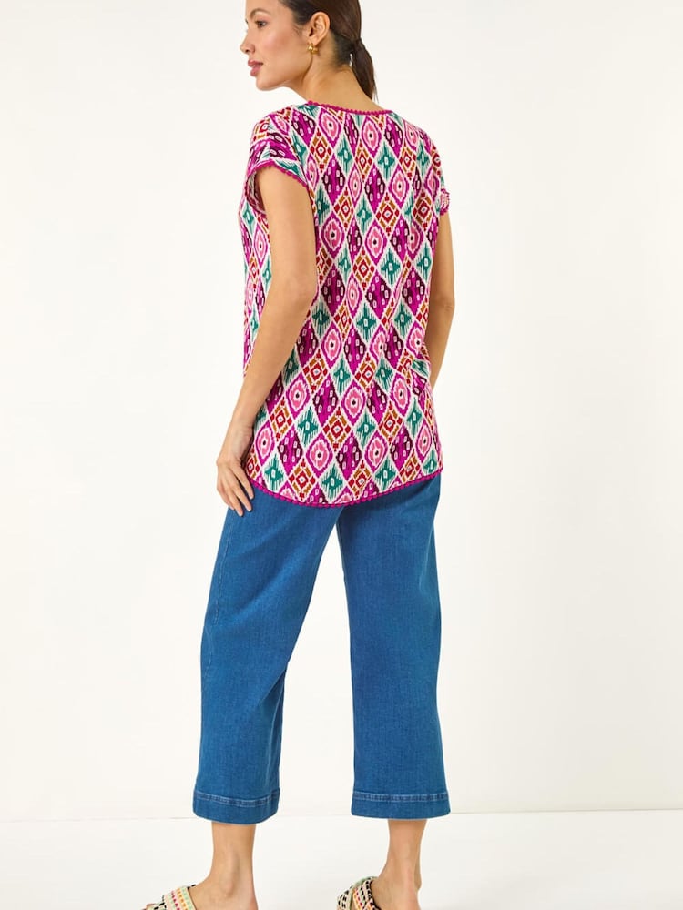 Roman Pink Ikat Print Bobble Trim T-Shirt - Image 2 of 5 Roman Pink Ikat Print Bobble Trim T-Shirt - Image 2 of 5