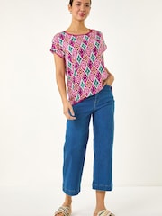 Roman Pink Ikat Print Bobble Trim T-Shirt - Image 3 of 5