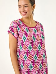 Roman Pink Ikat Print Bobble Trim T-Shirt - Image 4 of 5