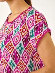 Roman Pink Ikat Print Bobble Trim T-Shirt - Image 5 of 5