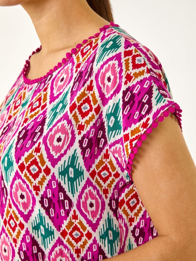 Roman Pink Ikat Print Bobble Trim T-Shirt - Image 5 of 5 Roman Pink Ikat Print Bobble Trim T-Shirt - Image 5 of 5