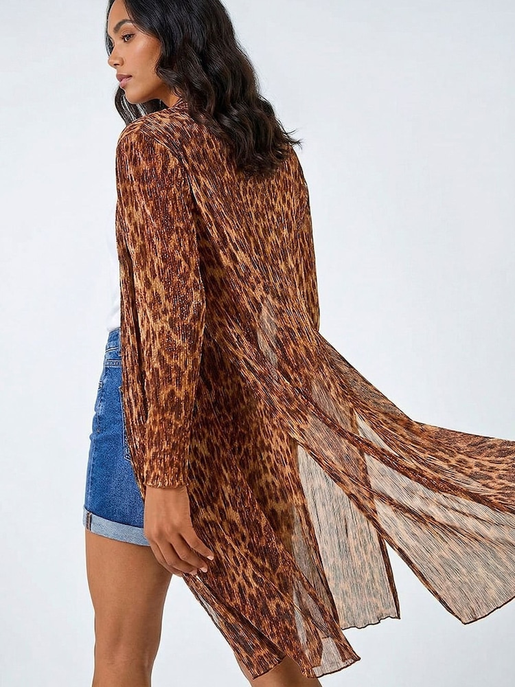 Roman Brown Animal Print Metallic  Plisse Kimono - Image 2 of 5