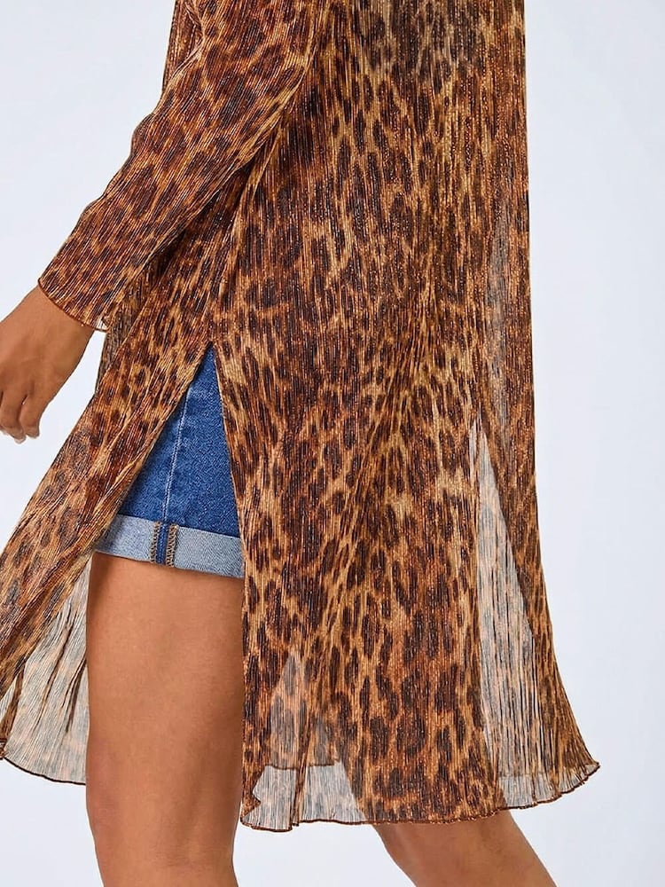 Roman Brown Animal Print Metallic  Plisse Kimono - Image 5 of 5