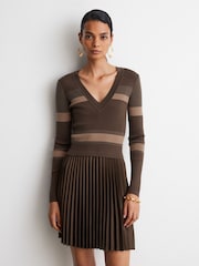 Reiss Chocolate Brown Carly Striped Knit Mix Pleated Mini Dress - Image 1 of 7