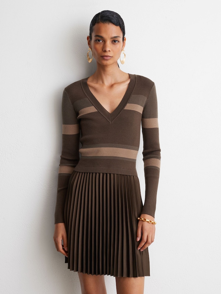 Reiss Chocolate Brown Carly Striped Knit Mix Pleated Mini Dress - Image 1 of 7 Reiss Chocolate Brown Carly Striped Knit Mix Pleated Mini Dress - Image 1 of 7