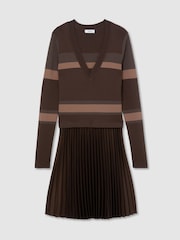 Reiss Chocolate Brown Carly Striped Knit Mix Pleated Mini Dress - Image 2 of 7