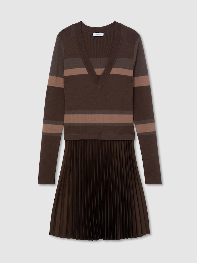 Reiss Chocolate Brown Carly Striped Knit Mix Pleated Mini Dress - Image 2 of 7 Reiss Chocolate Brown Carly Striped Knit Mix Pleated Mini Dress - Image 2 of 7