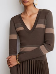 Reiss Chocolate Brown Carly Striped Knit Mix Pleated Mini Dress - Image 3 of 7