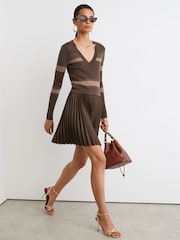Reiss Chocolate Brown Carly Striped Knit Mix Pleated Mini Dress - Image 4 of 7