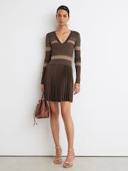 Reiss Chocolate Brown Carly Striped Knit Mix Pleated Mini Dress - Image 5 of 7
