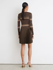 Reiss Chocolate Brown Carly Striped Knit Mix Pleated Mini Dress - Image 6 of 7
