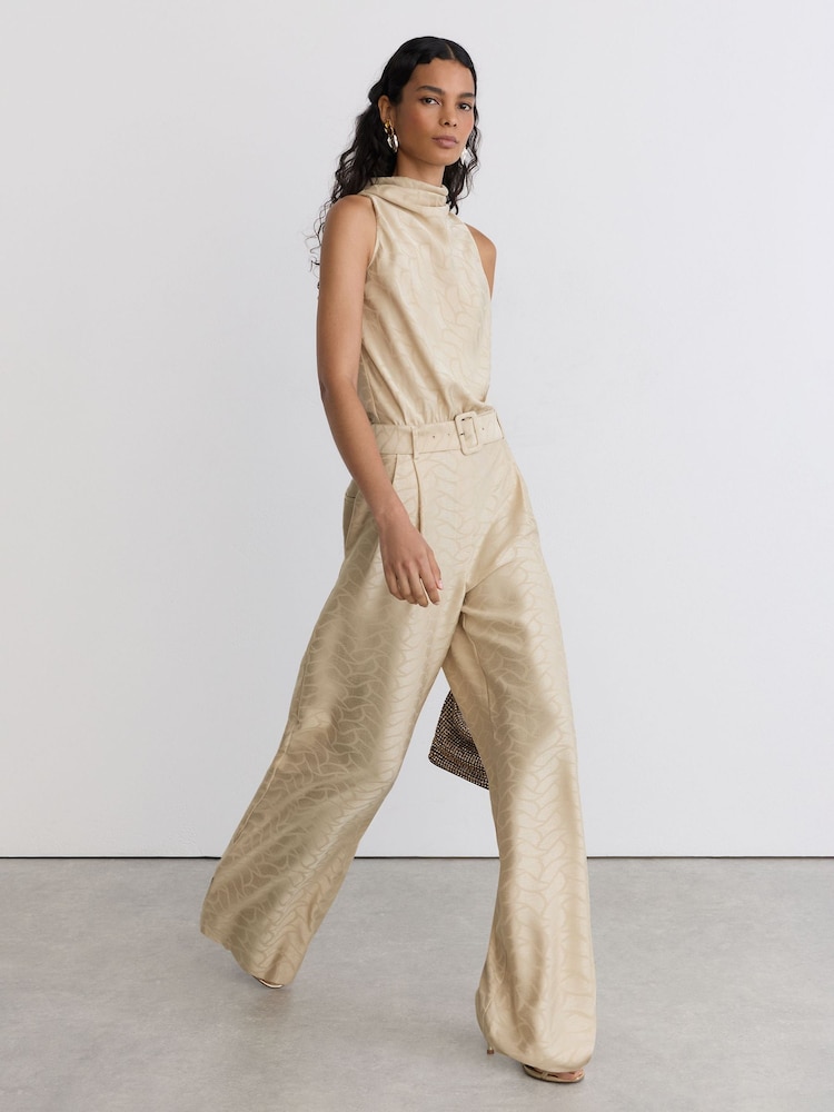 Reiss Champagne Neutral Erin Petite Jacquard Cowl-Neck Belted Jumpsuit - Image 1 of 9 Reiss Champagne Neutral Erin Petite Jacquard Cowl-Neck Belted Jumpsuit - Image 1 of 9