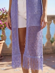 Roman Purple Longline Shimmer Tassel Knit Kimono - Image 4 of 4
