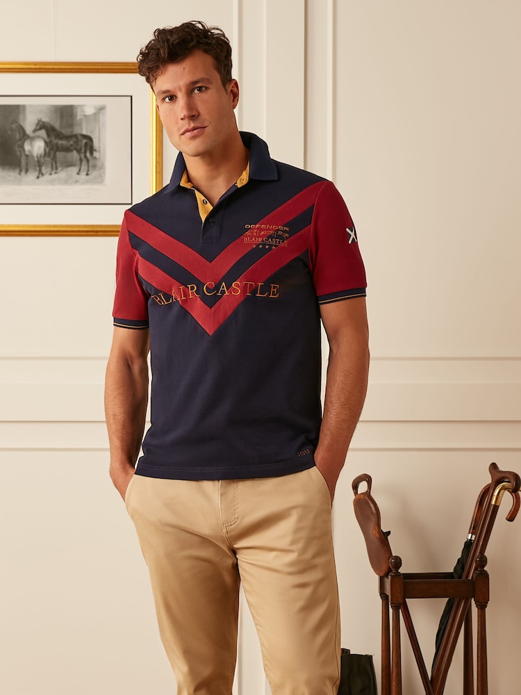 Joules Official Blair Navy/Burgundy Chevron Colourblock Polo Shirt - Image 1 of 4