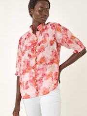 Roman Orange Floral Print Button Detail Blouse - Image 1 of 5