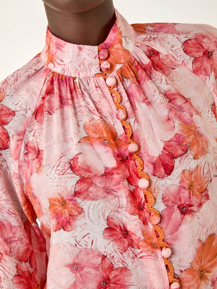 Roman Orange Floral Print Button Detail Blouse - Image 5 of 5